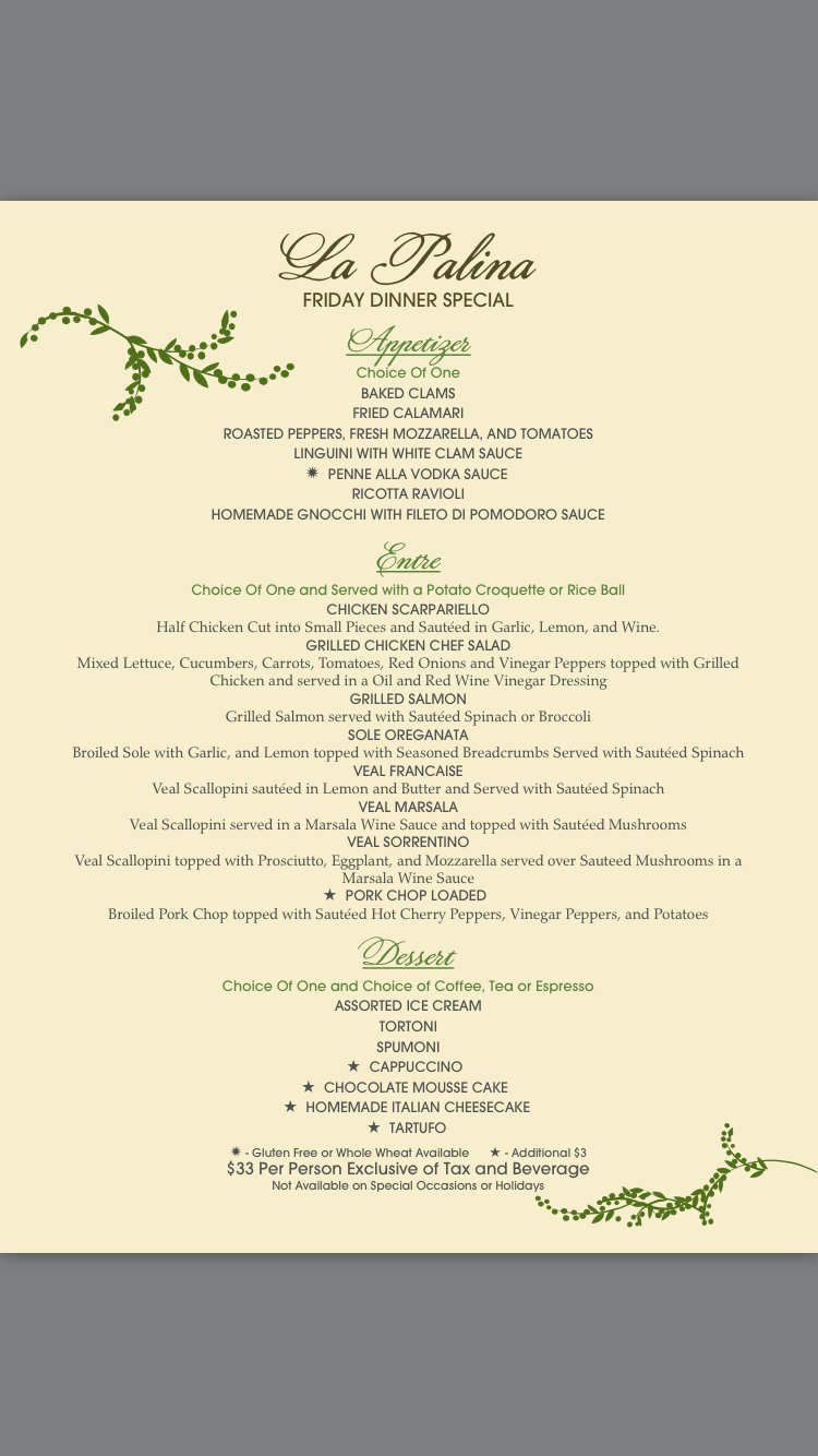 Menu page showing pasta, salads, and sandwiches.