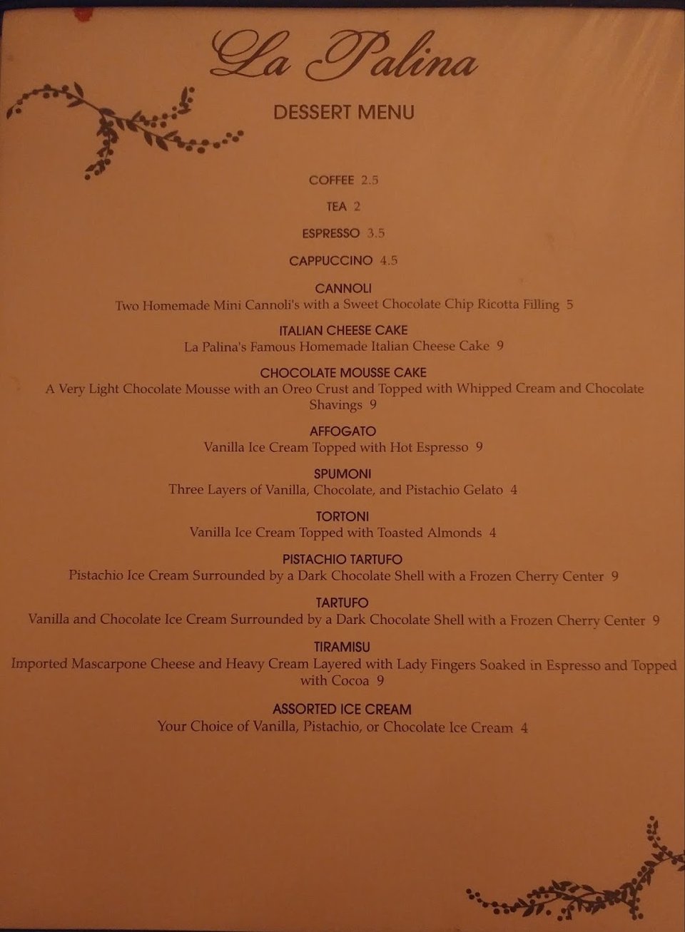 Printed menu with Italian dishes and house specialties.